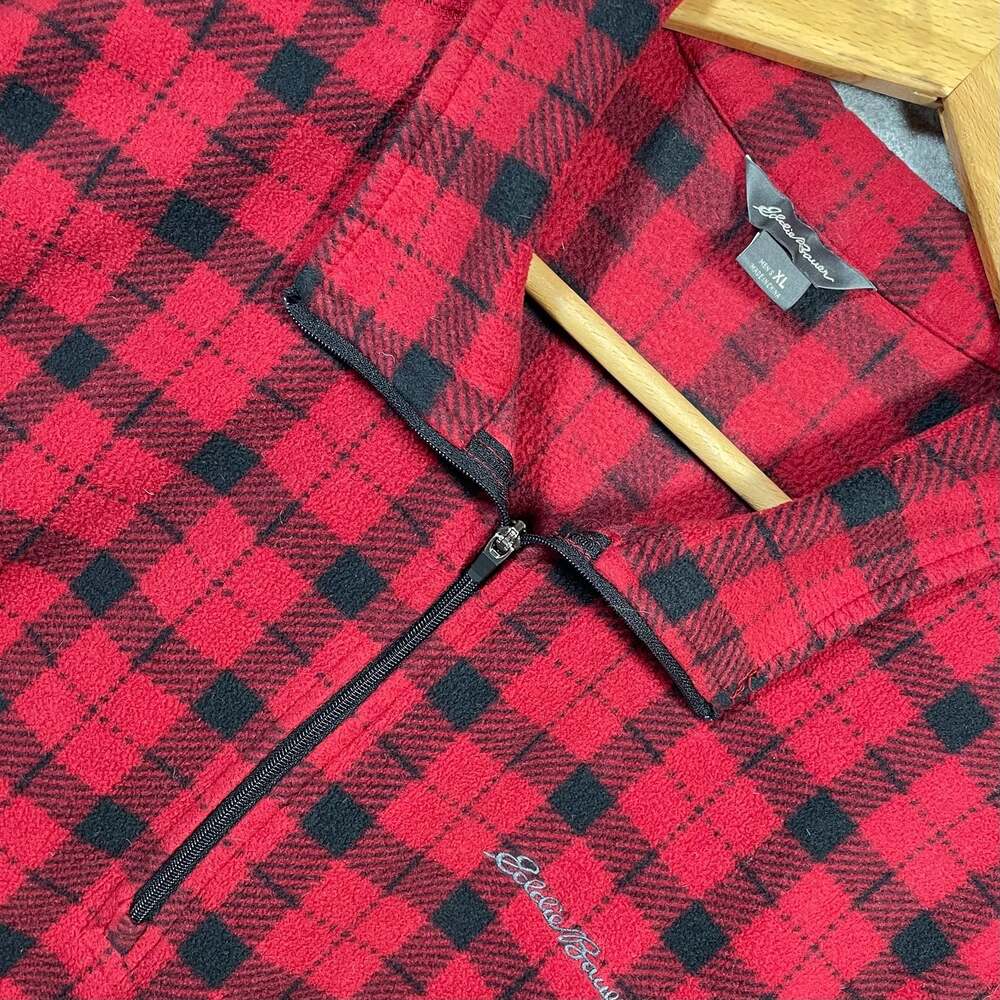 Eddie Bauer Men's Red Buffalo Plaid 1/4 Zip Fleece Pullover